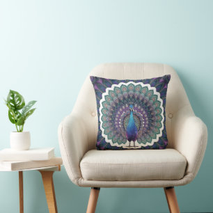 Cosmic Peacock Mandala Throw Pillow