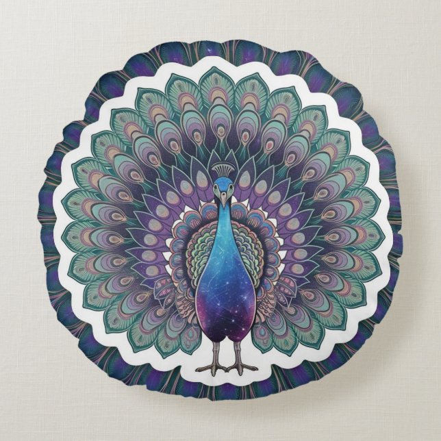 Cosmic Peacock Mandala Throw Pillow (Front)