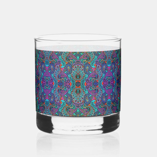 Cosmic peacock paisley pattern whiskey glass (Front)