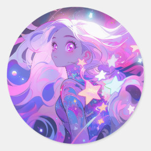 Cosmic Pink and Purple Anime Girl Classic Round Sticker