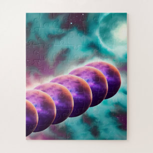 Cosmic Pink and Purple Perfectly Fun Aligned Moons Jigsaw Puzzle