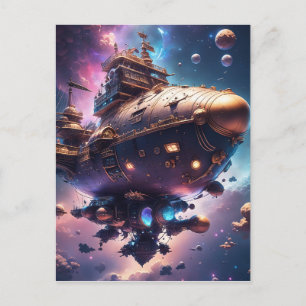 Cosmic pirate ship floating in space holiday postcard