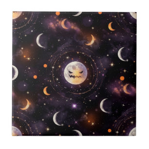 Cosmic Pumpkin Moon Bokeh - Spooky Celestial Ceramic Tile