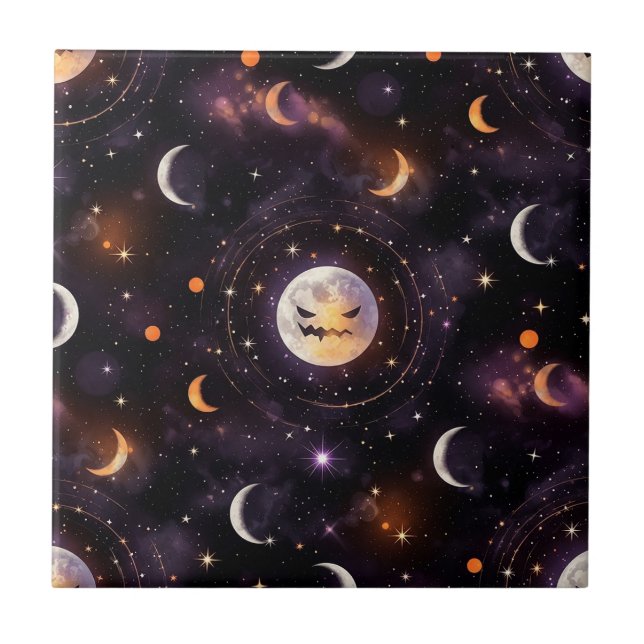 Cosmic Pumpkin Moon Bokeh - Spooky Celestial Ceramic Tile (Front)