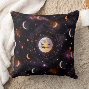 Cosmic Pumpkin Moon Bokeh - Spooky Celestial Cushion