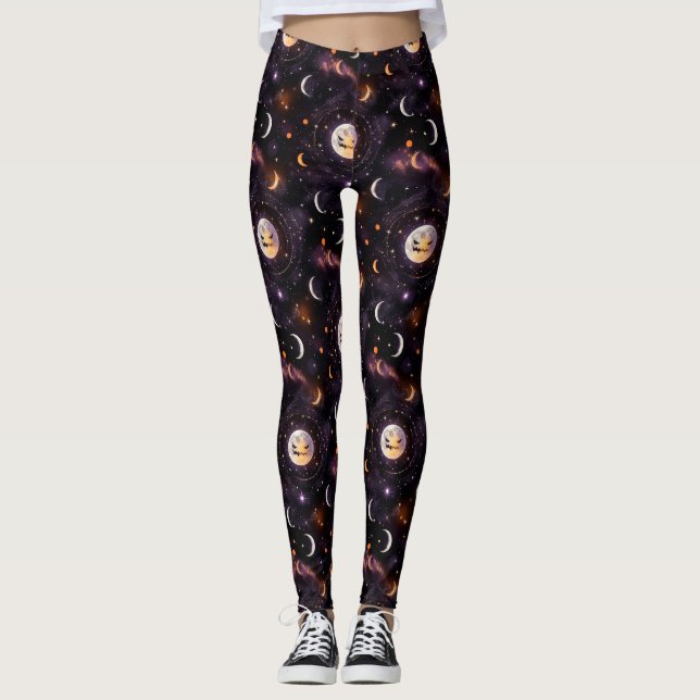 Cosmic Pumpkin Moon Bokeh - Spooky Celestial Leggings (Front)
