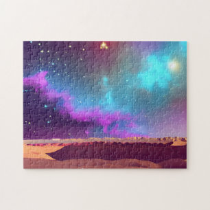 Cosmic Purple and Blue Sky and Stars Over Desert Jigsaw Puzzle