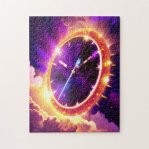 Cosmic Purple and Gold Clock Ticking Outer Space Jigsaw Puzzle