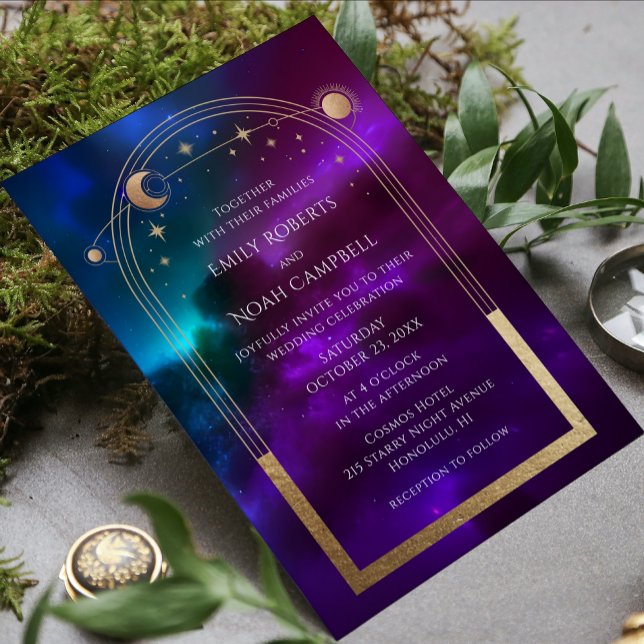 Cosmic Purple Teal Gold Sun Moon Astronomy Space Invitation (Creator Uploaded)