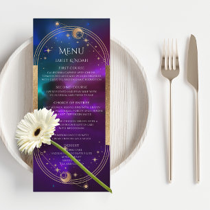 Cosmic Purple Teal Gold Sun Moon Astronomy Wedding Menu