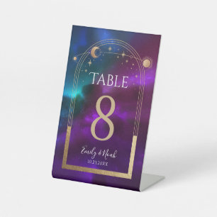 Cosmic Purple Teal Gold Sun Moon Astronomy Wedding Pedestal Sign