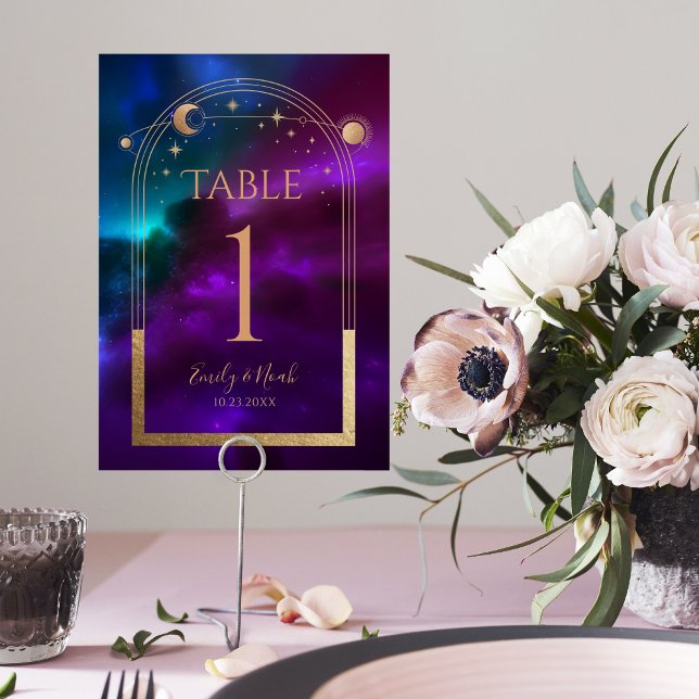 Cosmic Purple Teal Gold Sun Moon Astronomy Wedding Table Number (Creator Uploaded)