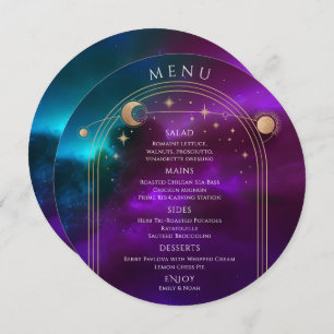 Cosmic Purple Teal Gold Sun Moon Stars Wedding Menu