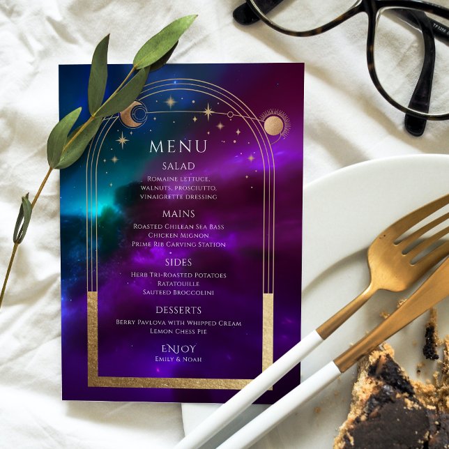 Cosmic Purple Teal Gold Sun Moon Stars Wedding Menu (Creator Uploaded)