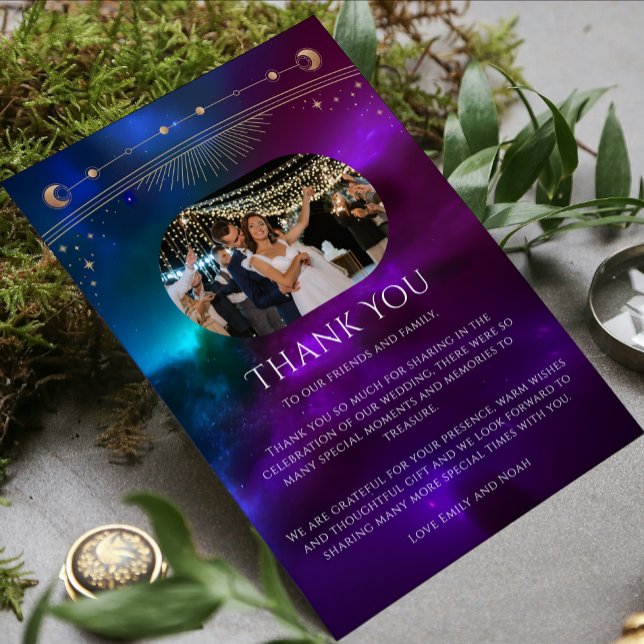 Cosmic Purple Teal Gold Sun Photo Mystical Wedding Thank You Card (Creator Uploaded)