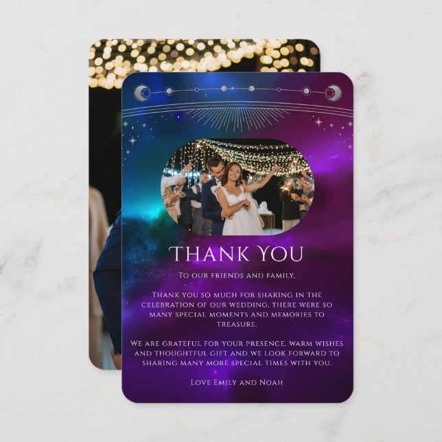 Cosmic Purple Teal Silver Photo Mystical Wedding Thank You Card (Front/Back)