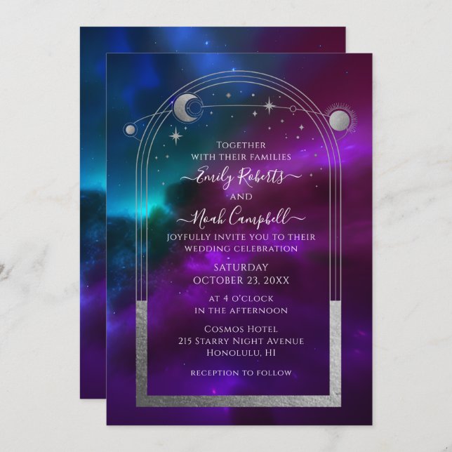 Cosmic Purple Teal Silver Sun Moon Astronomy Space Invitation (Front/Back)