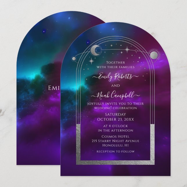 Cosmic Purple Teal Silver Sun Moon Astronomy Space Invitation (Front/Back)