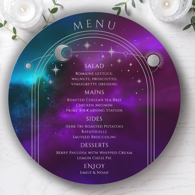 Cosmic Purple Teal Silver Sun Moon Stars Wedding Menu (Creator Uploaded)