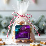 Cosmic Purple Teal Silver Sun Moon Wedding Square Sticker<br><div class="desc">Cosmic Purple Teal Silver Sun Moon Astronomy Wedding Favour Stickers features silver sun, moon and stars with a silver frame on a colourful mystical purple, teal and blue cosmic background. Personalised with a "Thank You" message. Perfect for wedding and party favours. Personalise by editing the text in the text boxes...</div>