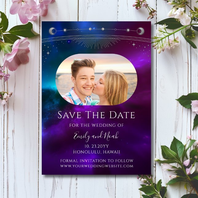 Cosmic Purple Teal Sun Moon Star Space Save The Date (Creator Uploaded)