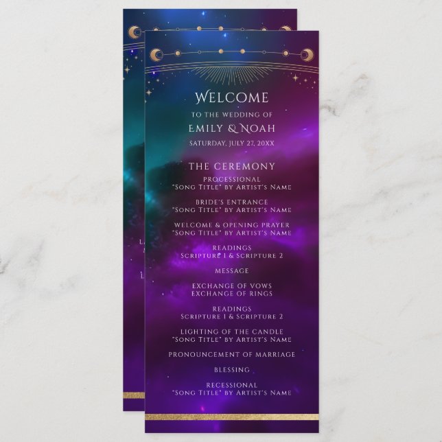 Cosmic Purple Teal Sun Moon Stars Wedding Program (Front/Back)