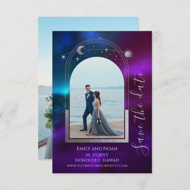 Cosmic Purple Teal Sun Moon Stars Wedding Save The Date (Front/Back)
