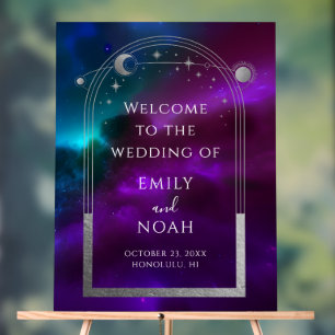 Cosmic Purple Teal Sun Moon Stars Welcome Sign