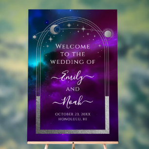 Cosmic Purple Teal Sun Moon Stars Welcome Sign