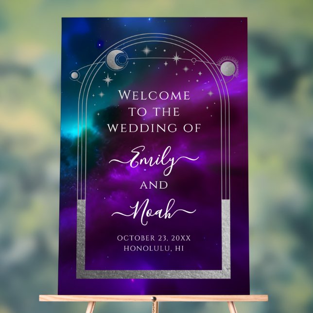 Cosmic Purple Teal Sun Moon Stars Welcome Sign (Neutral)