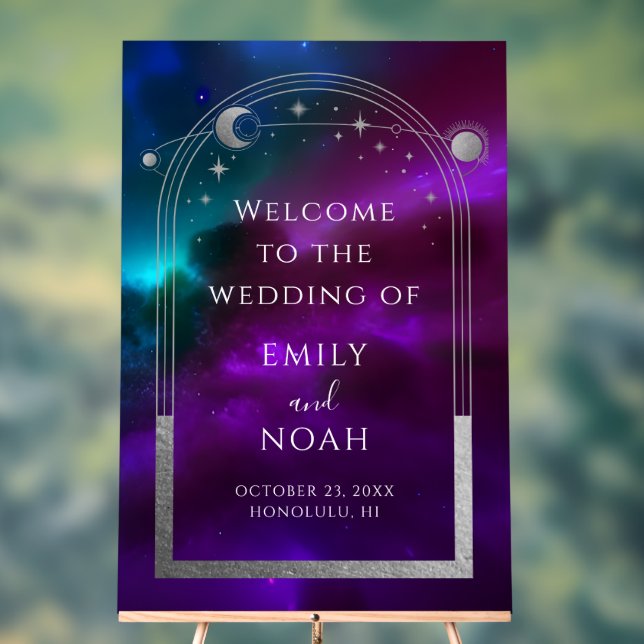 Cosmic Purple Teal Sun Moon Stars Welcome Sign (Neutral)