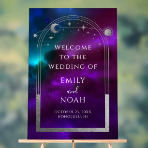Cosmic Purple Teal Sun Moon Stars Welcome Sign