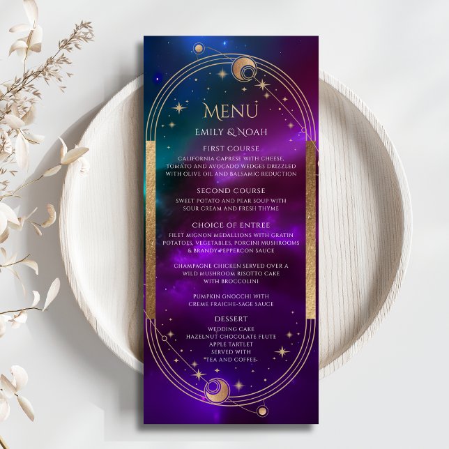 Cosmic Purple Teal Sun Moon Wedding Menu Cards (Creator Uploaded)