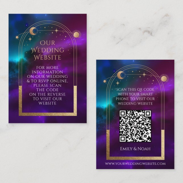 Cosmic Purple Teal Wedding Website RSVP QR Code  Enclosure Card (Front/Back)