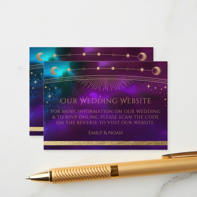 Cosmic Purple Teal Wedding Website RSVP QR Code Enclosure Card (Front/Back In Situ)