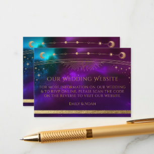 Cosmic Purple Teal Wedding Website RSVP QR Code Enclosure Card
