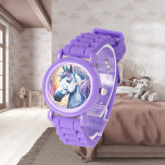 Cosmic Purple Unicorn eWatch Watch<br><div class="desc">A pretty unicorn with a purple mane with a rainbow cosmic background. Digitally created in a watercolor style. Perfect design for kids and adults on many trendy products! Customise your background colour or text!</div>