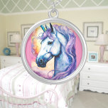 Cosmic Purple Unicorn  Silver Plated Necklace<br><div class="desc">A pretty unicorn with a purple mane with a rainbow cosmic background. Digitally created in a watercolor style. Perfect design for kids and adults on many trendy products! Customise your background colour or text!</div>