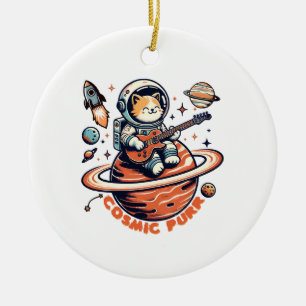 Cosmic Purr - Astro Guitarist Cat Ceramic Ornament