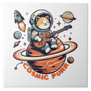 Cosmic Purr - Astro Guitarist Cat Ceramic Tile