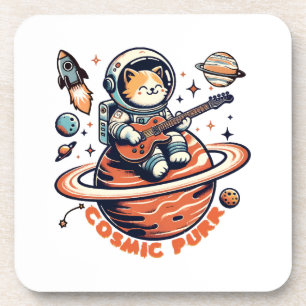 Cosmic Purr - Astro Guitarist Cat Coaster