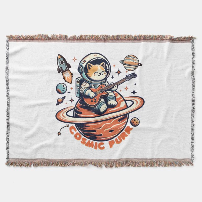Cosmic Purr - Astro Guitarist Cat Throw Blanket (Front)
