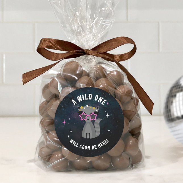 Cosmic Racoon Wild One Pink Girl Baby Shower Classic Round Sticker (Creator Uploaded)