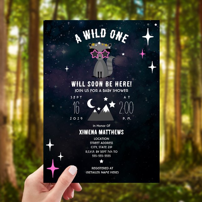 Cosmic Racoon Wild One Pink Girl Baby Shower Invitation (Creator Uploaded)