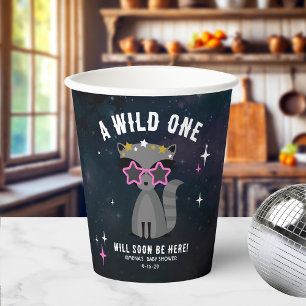 Cosmic Racoon Wild One Pink Girl Baby Shower Paper Cups