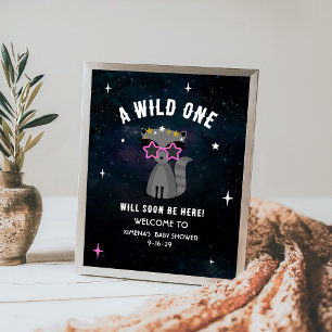 Cosmic Racoon Wild One Pink Girl Baby Shower Poster