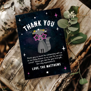 Cosmic Racoon Wild One Pink Girl Baby Shower  Thank You Card