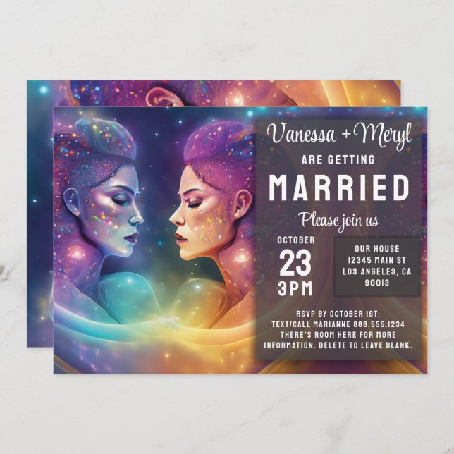 Cosmic Rainbow Feminine Energy Lesbian Wedding Invitation (Front/Back)