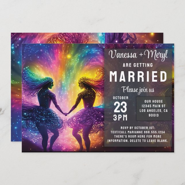 Cosmic Rainbow Feminine Energy Lesbian Wedding Invitation (Front/Back)