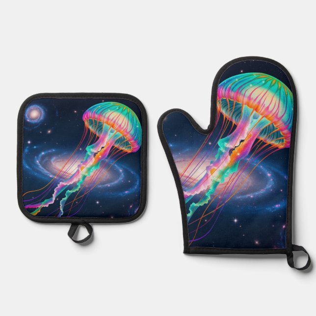 Cosmic Rainbow Jellyfish  Oven Mitt & Pot Holder Set (Front)